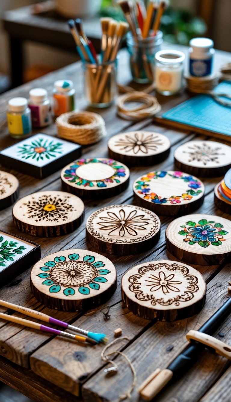 A set of personalized wooden coasters with handcrafted designs on a wooden table surrounded by craft supplies like paintbrushes, paint jars, and markers.