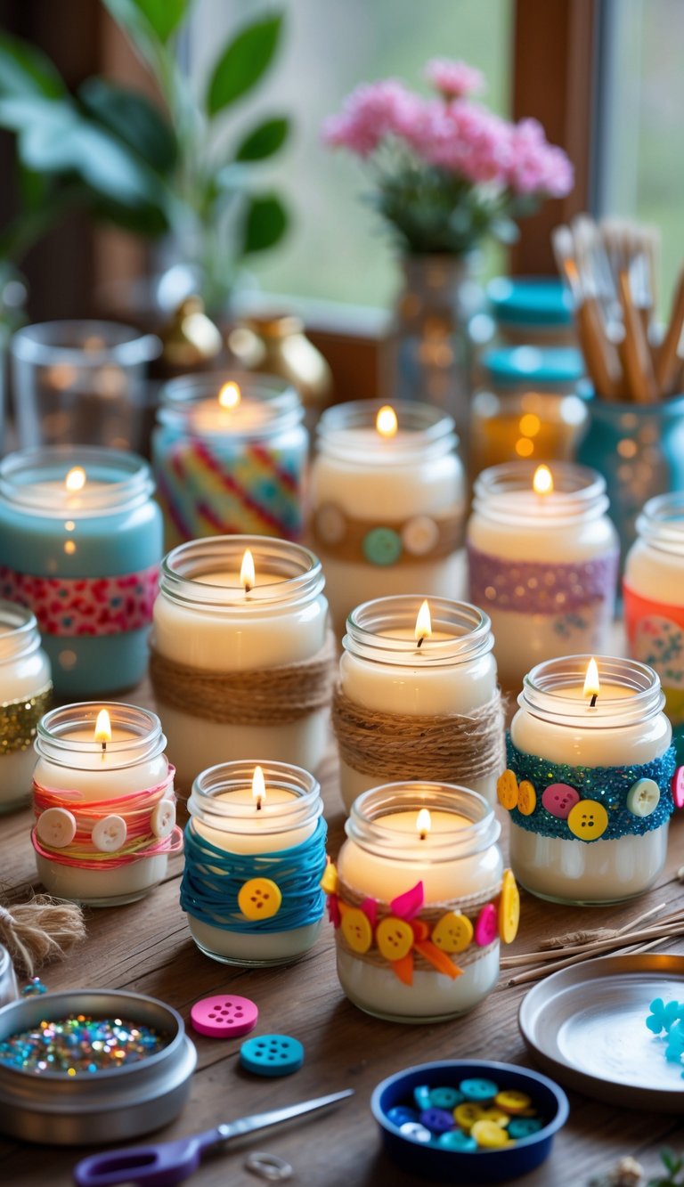 A collection of 18 decorated scented candle jars on a wooden table surrounded by craft supplies.