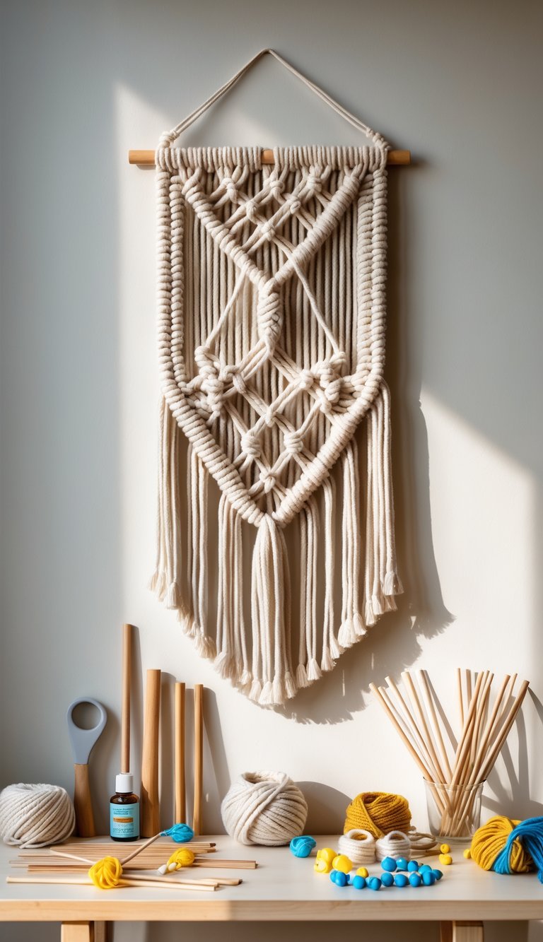 A macrame wall hanging displayed on a wall with craft supplies like yarn, beads, scissors, and wooden dowels arranged on a table below.