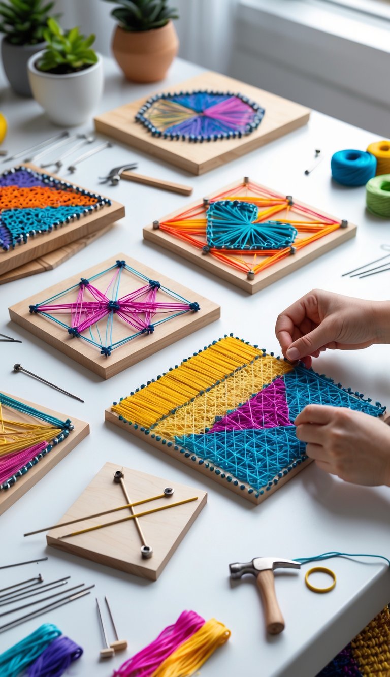 A workspace with hands creating colorful string art on wooden boards surrounded by nails, threads, and crafting tools.