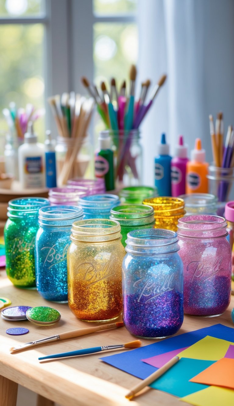 A group of mason jars decorated with colorful glitter ombre designs on a table surrounded by craft supplies like brushes, glitter, and glue.