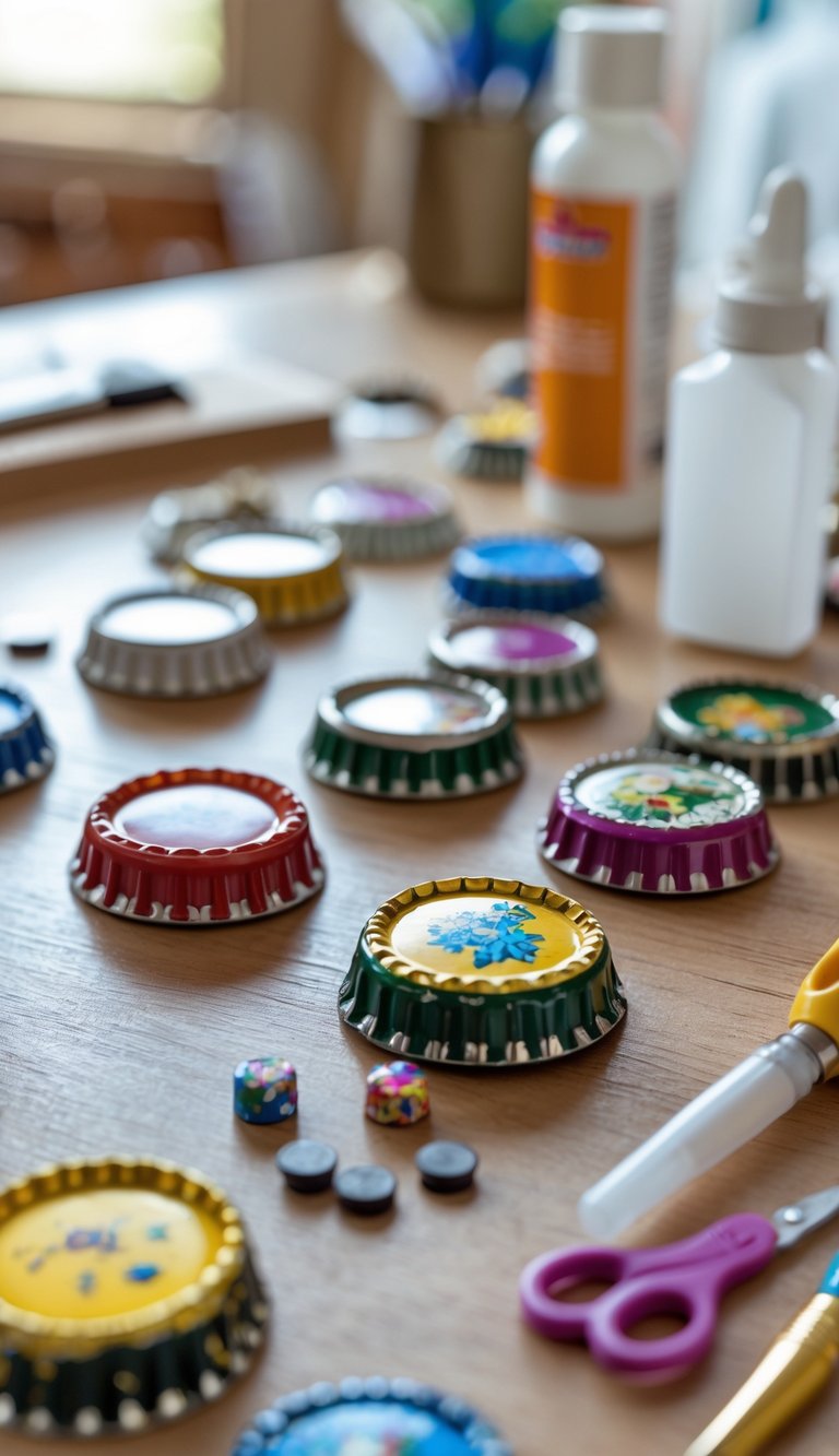 A workspace with colorful bottle caps, small magnets, and craft tools arranged on a wooden table for making bottle cap magnets.