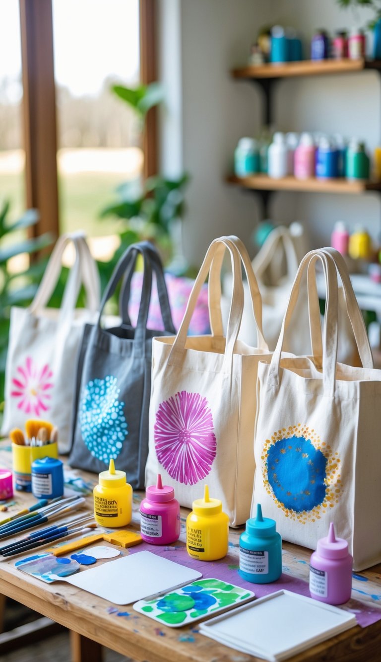 A table with several hand-painted canvas tote bags surrounded by paintbrushes, acrylic paints, and craft supplies.