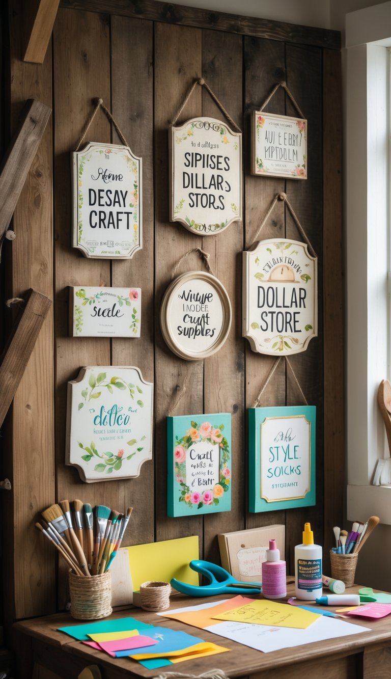 A craft workspace with vintage hanging signs displayed on a wooden wall and various craft supplies arranged on a table below.