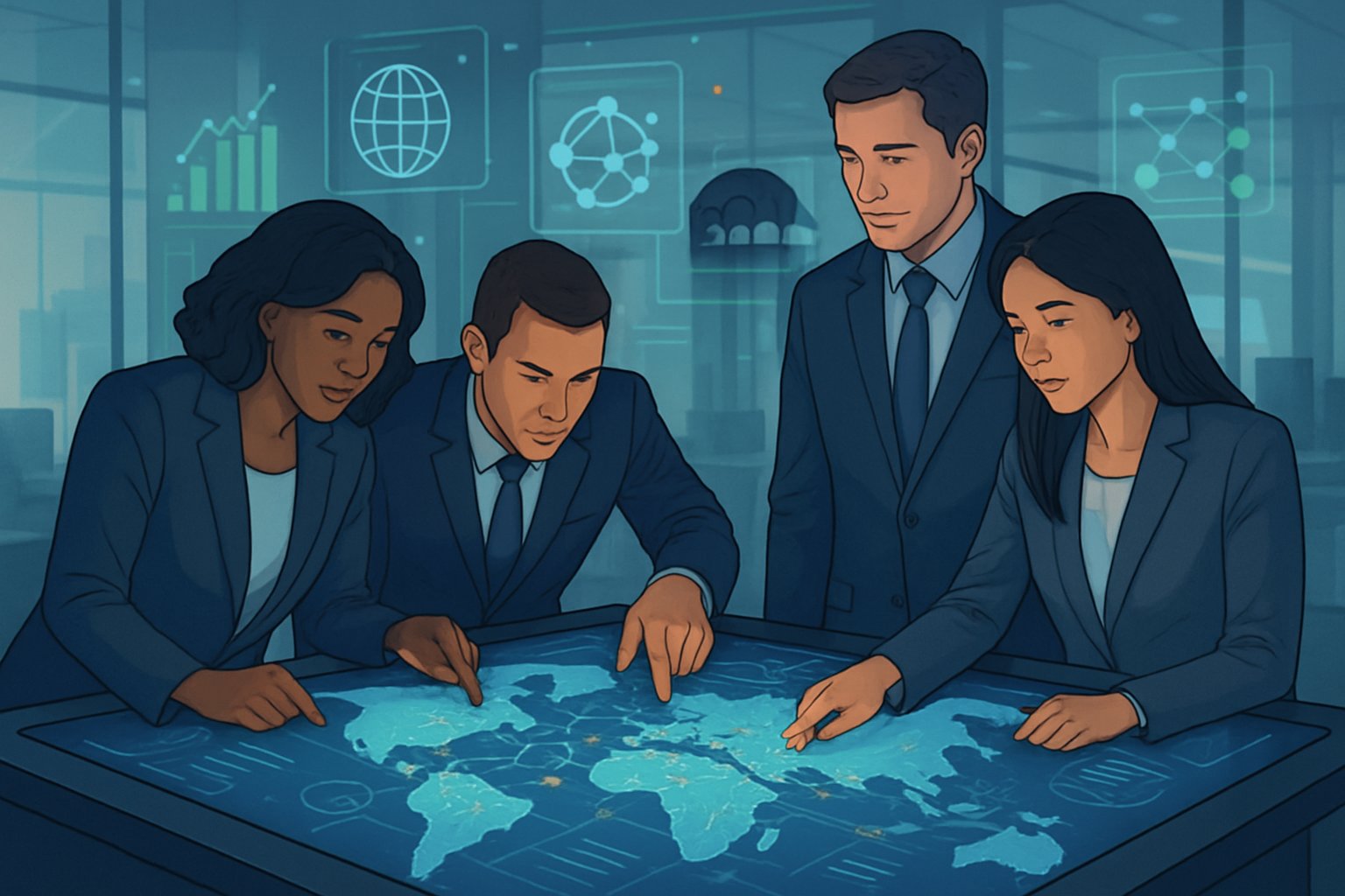 A group of business professionals collaborating around a digital table with a world map and data visuals representing strategic domain investments.