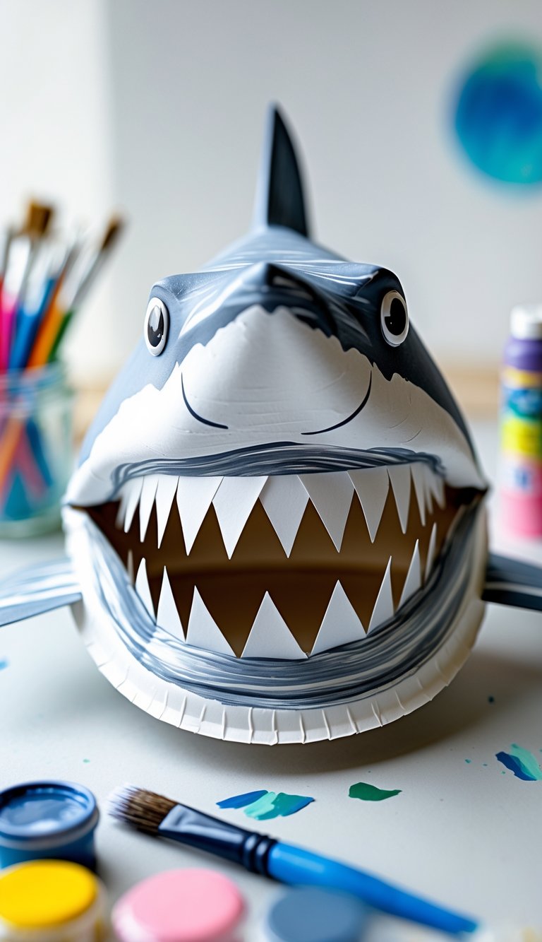 A paper plate shark craft with painted sharp teeth on a bright workspace surrounded by craft supplies.