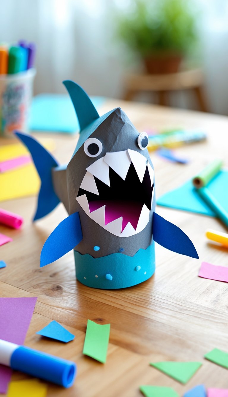 A handmade shark puppet made from a painted toilet paper roll with paper fins and teeth on a table with crafting supplies around it.