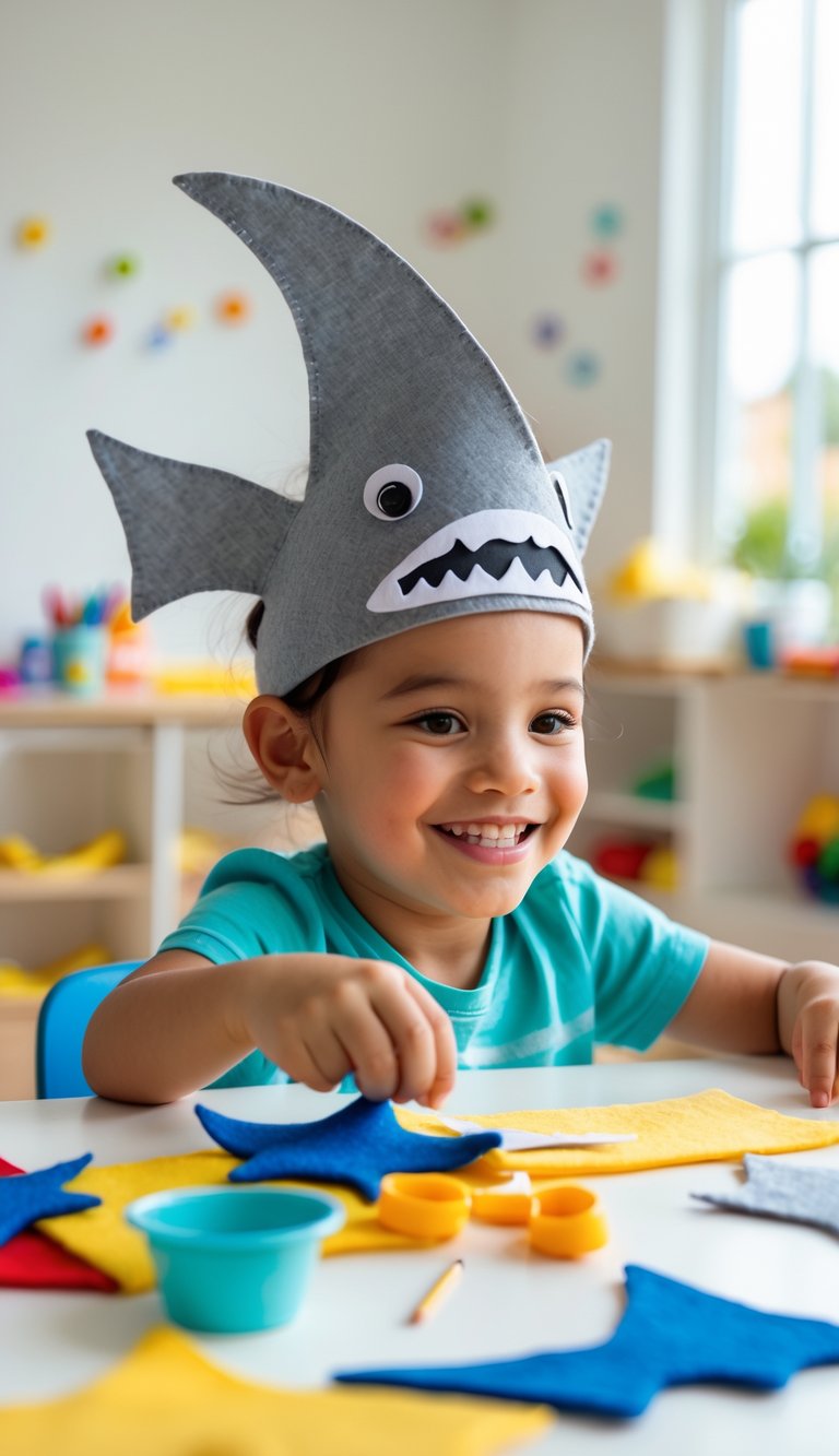 A child wearing a felt shark fin headband while doing a craft activity at a table with craft supplies.