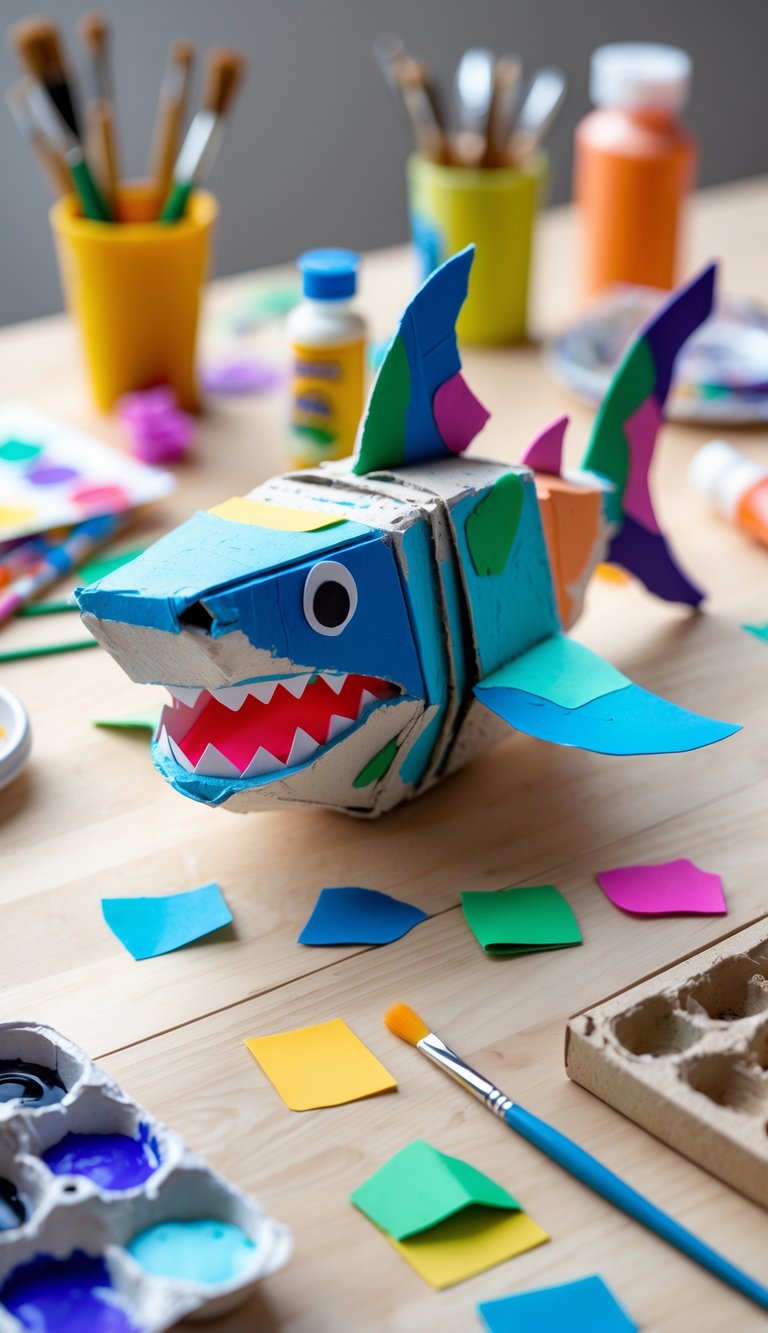 A handmade shark craft made from an egg carton on a table with art supplies around it.