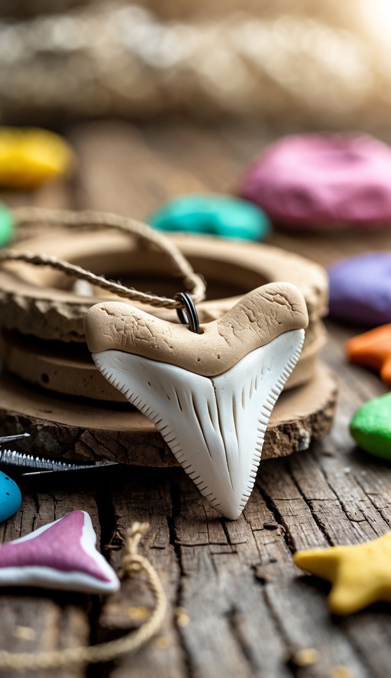 A shark tooth necklace with a clay pendant on a wooden surface surrounded by craft supplies.