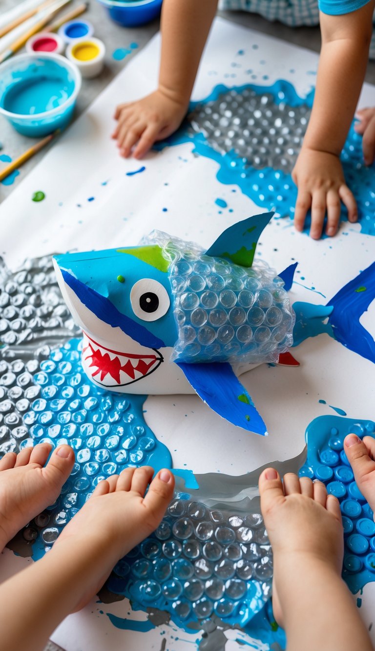 Children creating a bubble wrap shark painting by stepping on bubble wrap with paint, surrounded by art supplies on a table.