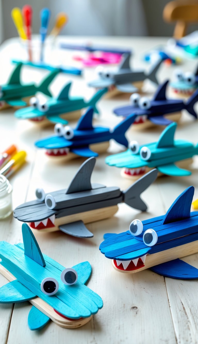A collection of colorful shark crafts made from popsicle sticks arranged on a wooden table with crafting supplies nearby.