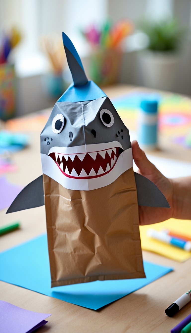 A child's hand holding a colorful paper bag shark puppet above a craft table with art supplies.