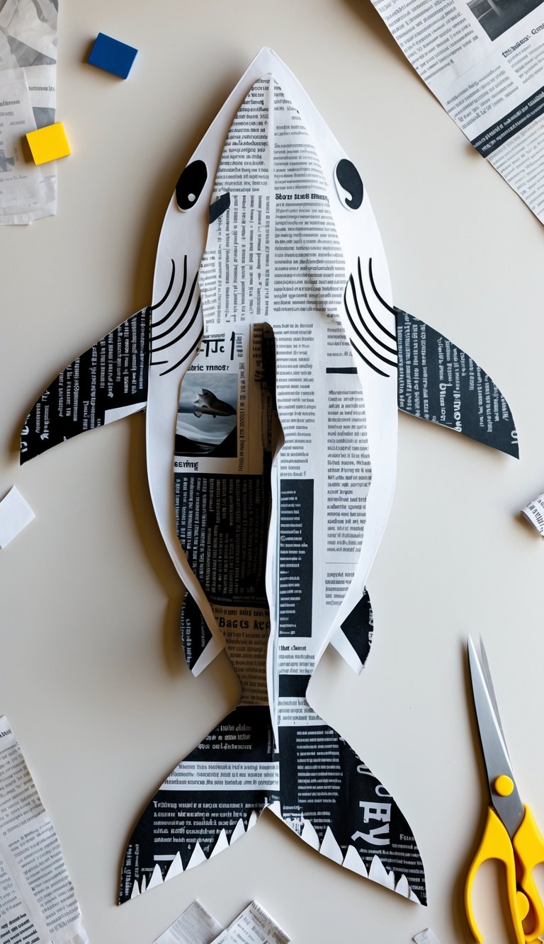 A shark collage made from recycled newspaper pieces displayed on a neutral background with craft supplies nearby.