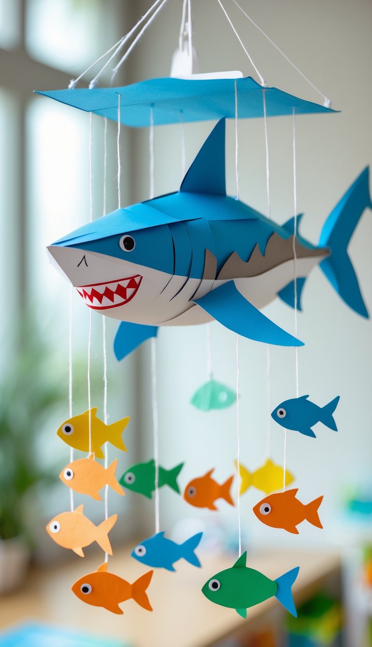 A handmade shark mobile with a large shark figure and several colorful hanging fish suspended in an indoor space.