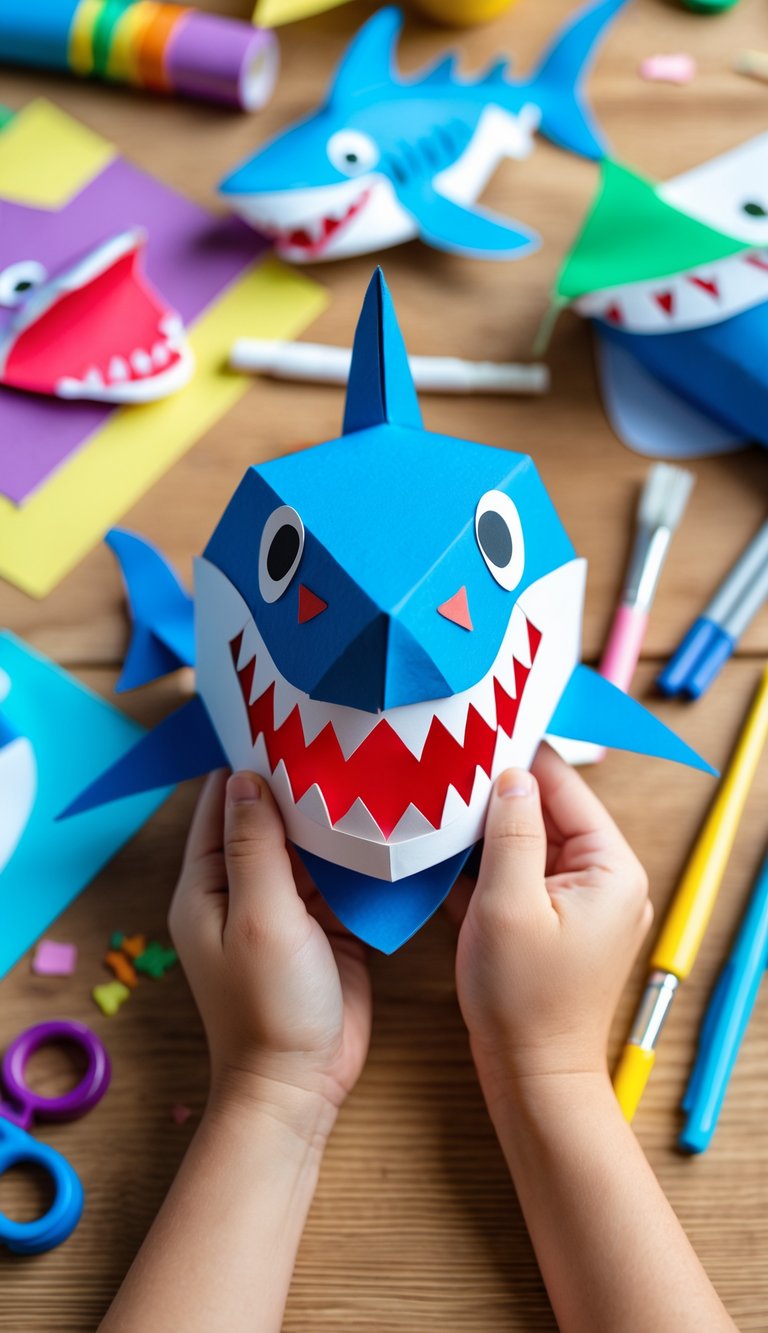 Child holding a colorful shark mask made from a paper roll with craft supplies on a table.