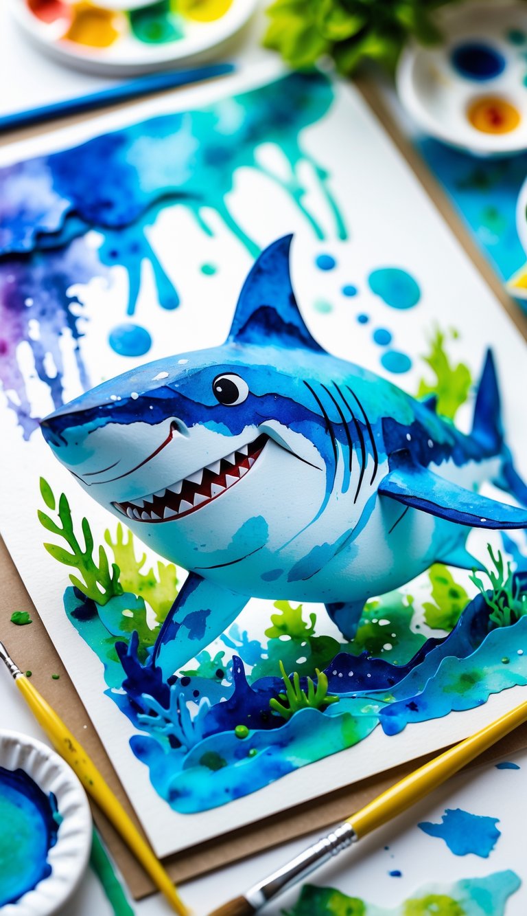 A colorful watercolor painting of a shark created with a resist technique, surrounded by art supplies on a table.