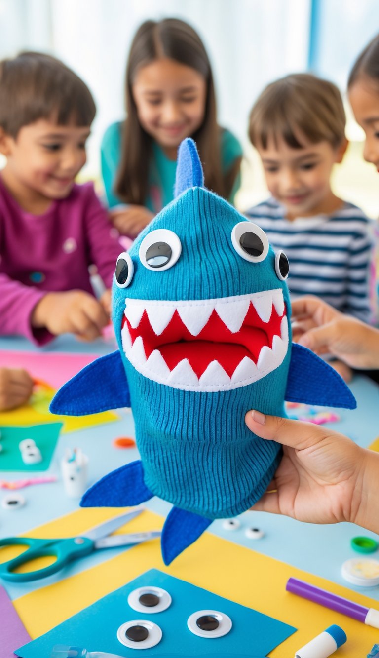 A child holding a sock shark puppet over a table with craft supplies and other children watching and crafting.