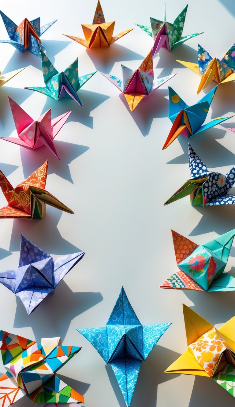 Sixteen colorful Japanese origami paper cranes arranged in a circle on a white surface.