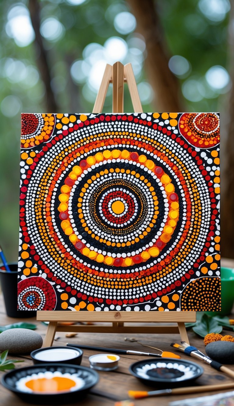 A colorful circular dot painting artwork on a wooden table surrounded by painting tools and natural materials.
