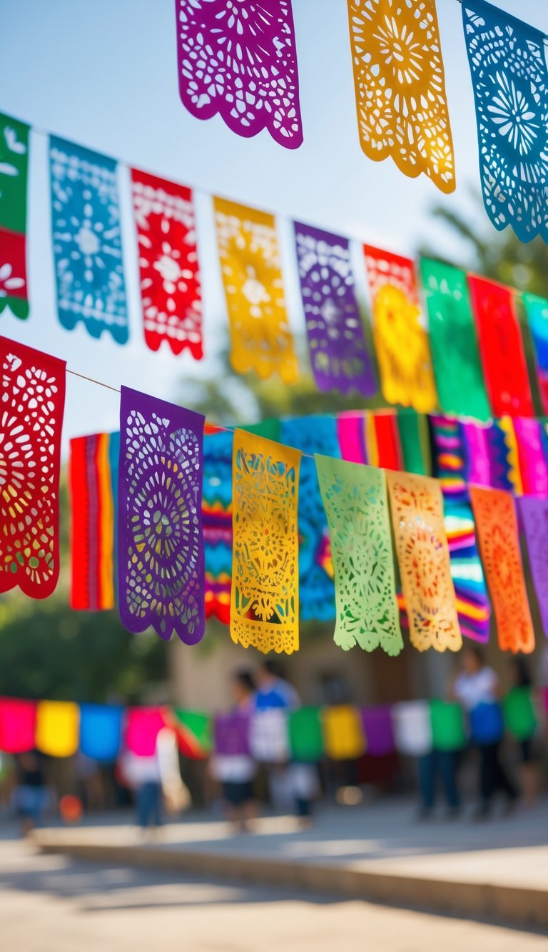 Colorful Mexican Papel Picado banners hanging outdoors, fluttering in the breeze during a festive celebration.