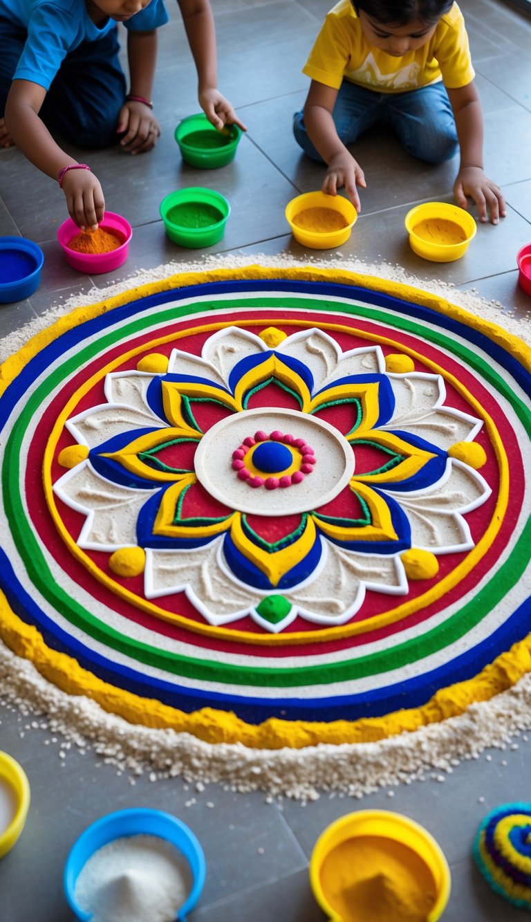 Children creating a colorful Indian Rangoli sand art pattern on the floor with various containers of colored sand nearby.
