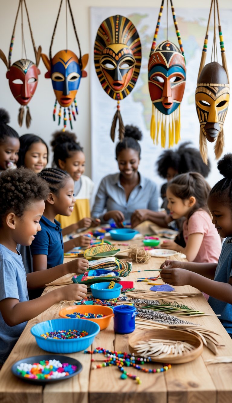 Children and adults making African tribal masks together around a table filled with craft materials.