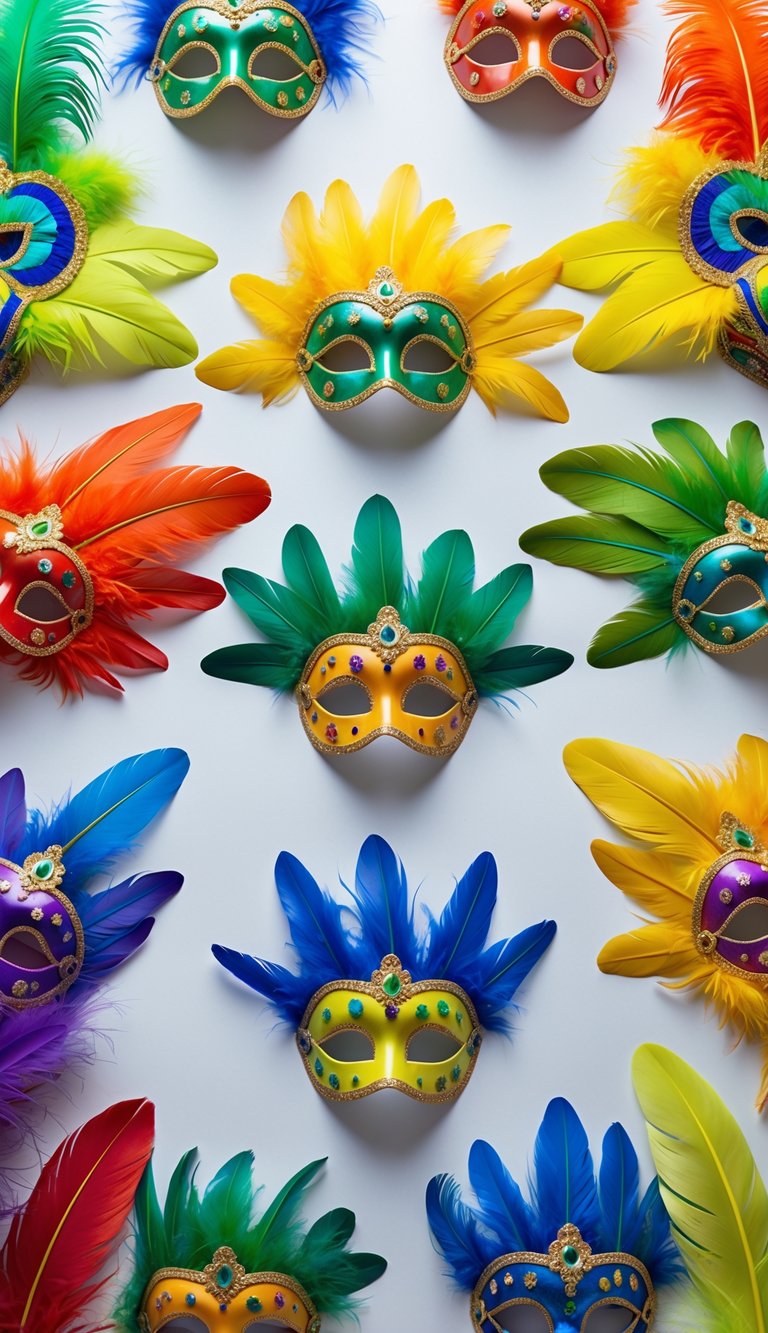 Sixteen colorful Brazilian Carnival feather masks arranged in a circle on a white background.