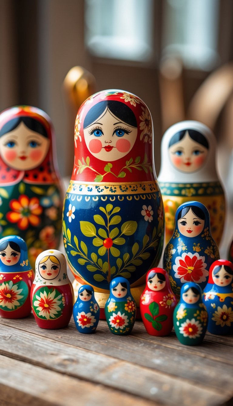 A collection of 16 colorful Russian Matryoshka dolls arranged on a wooden table.