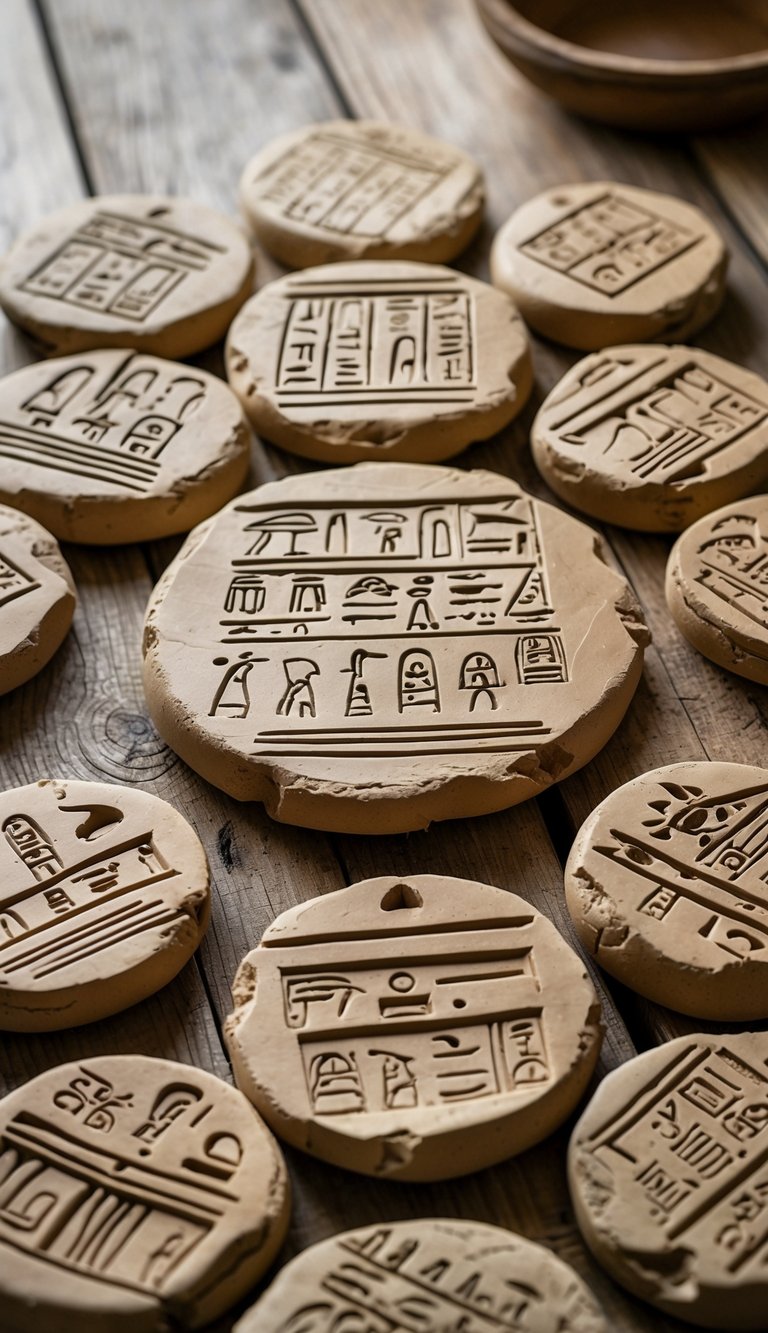 Sixteen clay tablets with Egyptian hieroglyphics arranged in a circle on a wooden surface.
