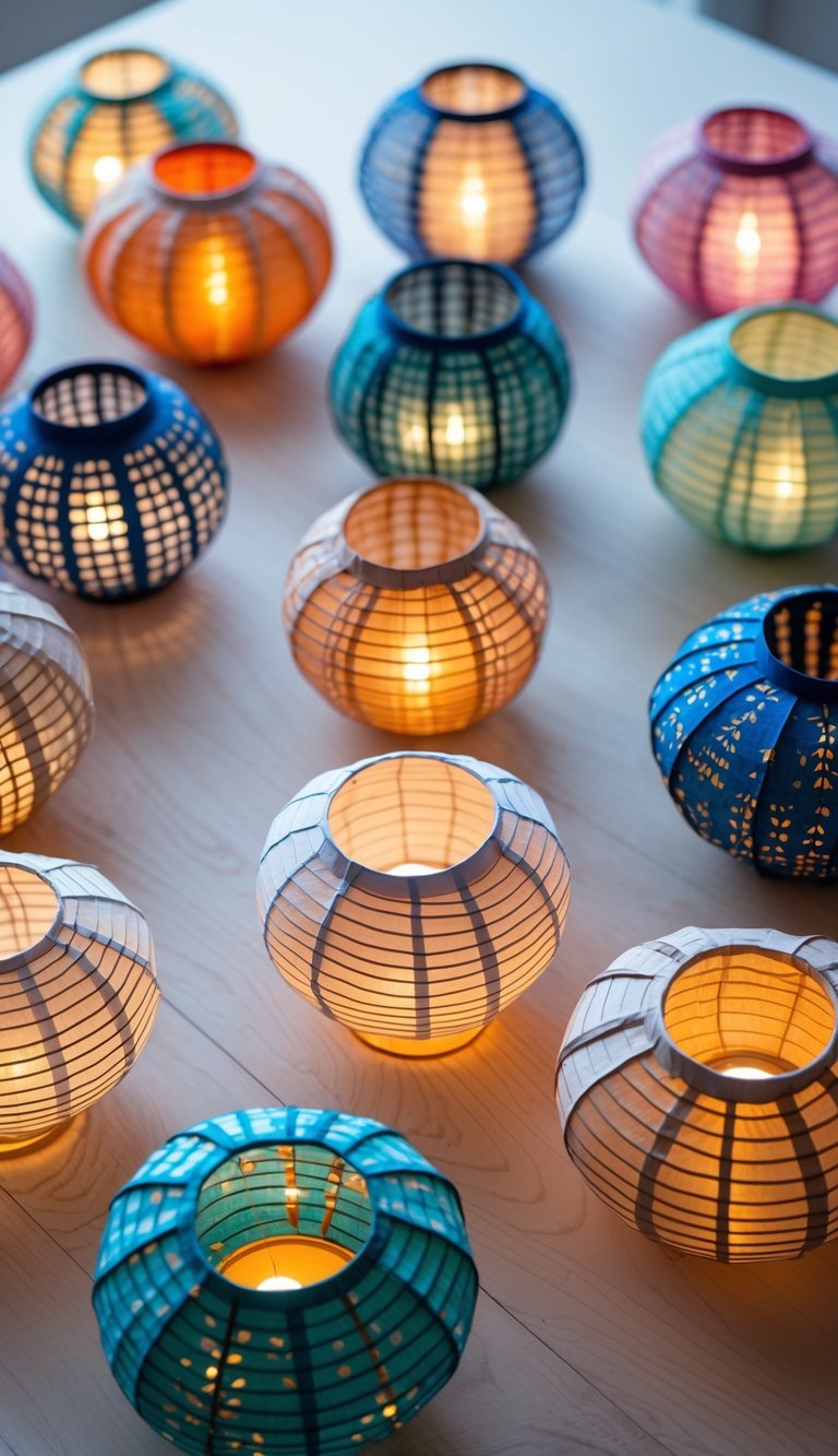 Sixteen colorful Korean Hanji paper lanterns arranged in a circle on a wooden surface, softly lit from within.