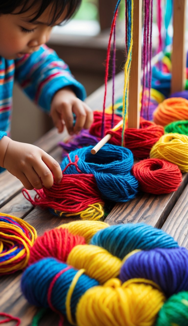 Children weaving colorful yarn on a wooden loom as part of a Peruvian craft activity.