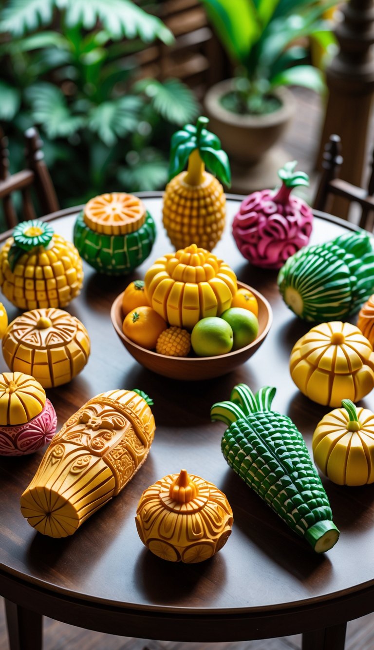 A circular arrangement of sixteen intricately carved Thai fruits and vegetables displayed on a wooden table.