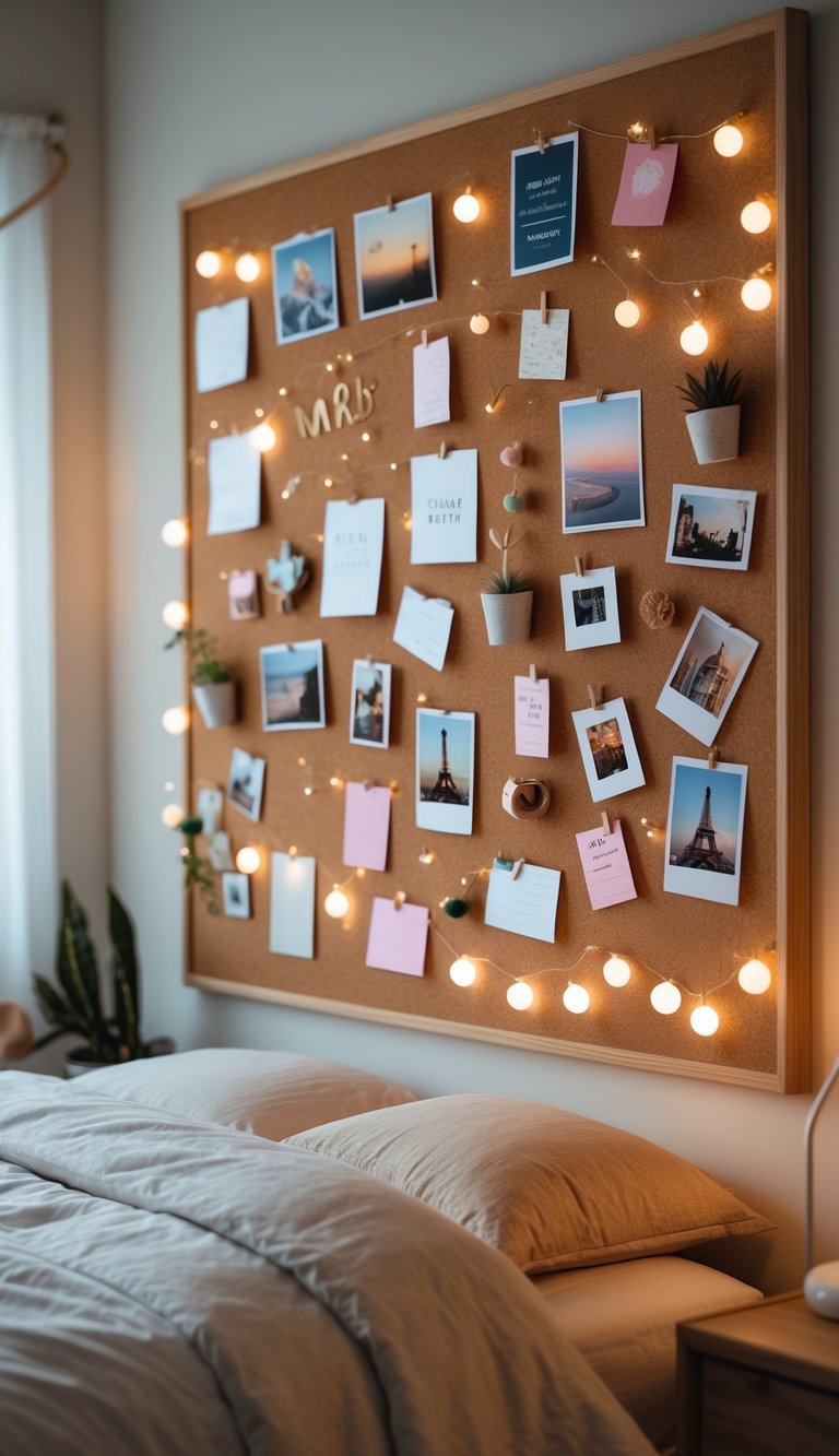 A bedroom wall with a large corkboard covered in a collage of colorful photos, notes, and small decorations above a neatly made bed.