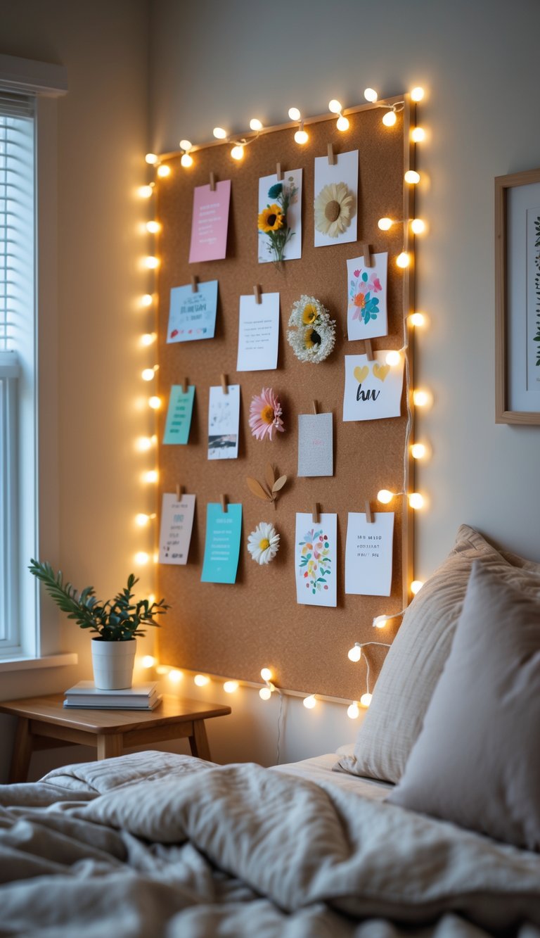 A cozy bedroom corner with a corkboard decorated with photos, notes, and small artworks, softly lit by warm string lights.
