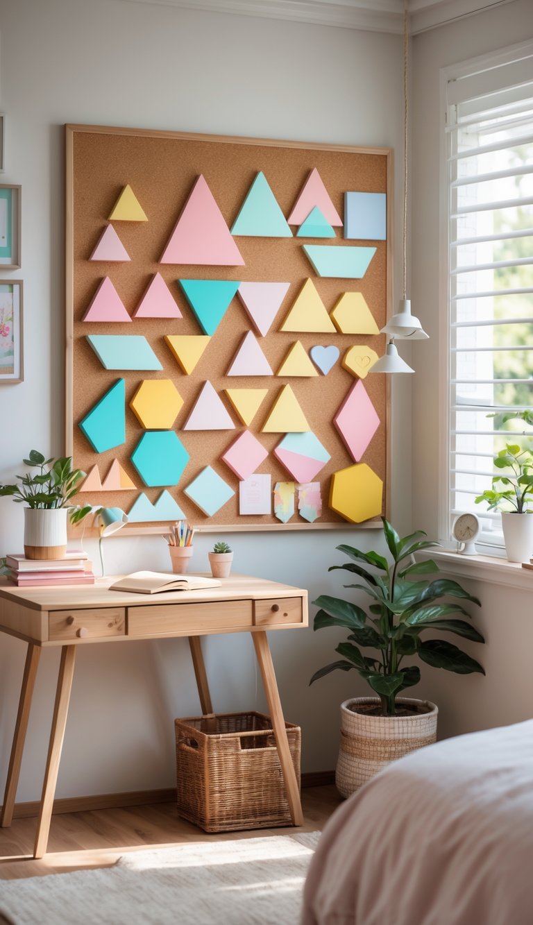 A bedroom corner with a corkboard decorated with colorful geometric shapes and nearby desk with books and a plant.