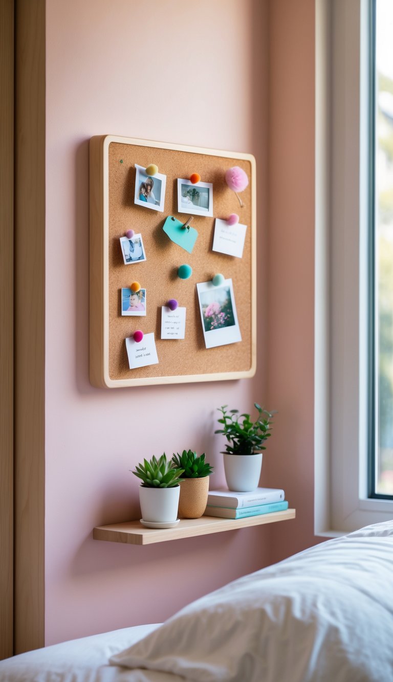 A bedroom corner with a mini shelf corkboard decorated with photos and notes above a small wooden shelf holding plants and books.