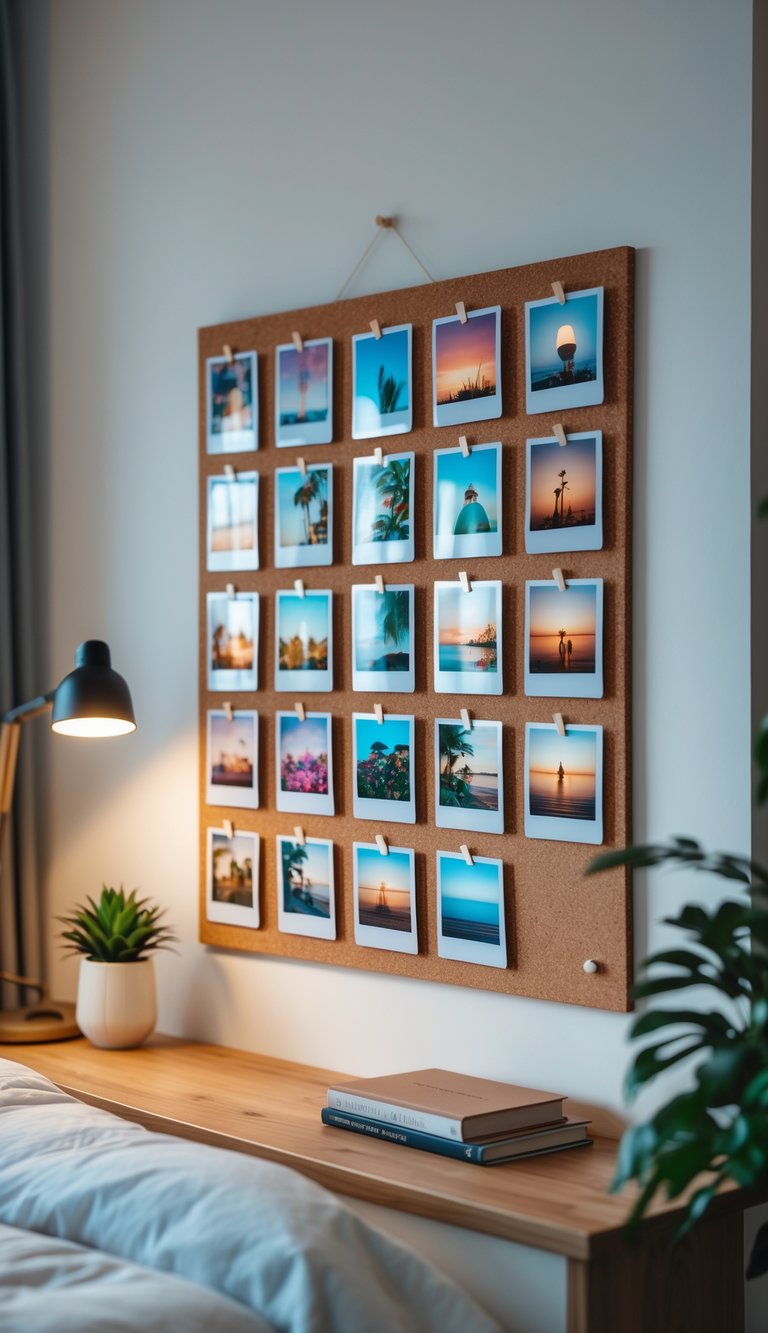 A bedroom wall with a corkboard displaying a grid of 15 Polaroid photos arranged neatly in rows.
