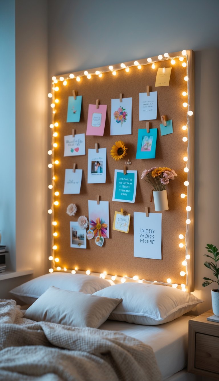 A bedroom corner with a corkboard framed by fairy lights, decorated with photos, notes, and small art pieces, next to a bed and bedside table.