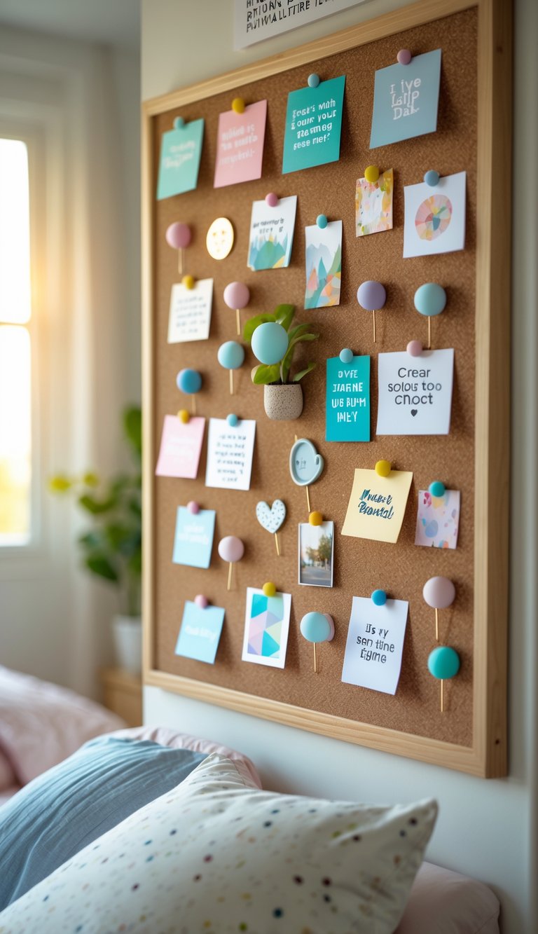 A bedroom corkboard with 15 colorful motivational pins arranged neatly, surrounded by small decorative items and soft natural light.