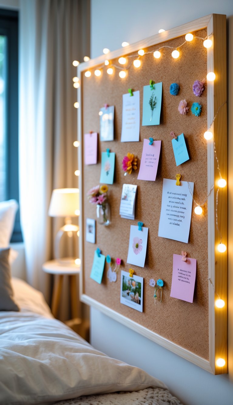 A fabric-covered corkboard decorated with photos, notes, and small decorations hanging in a cozy bedroom corner with a bed and bedside table nearby.