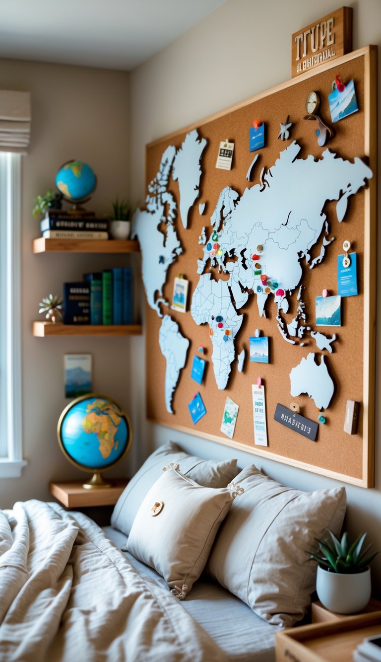 A bedroom corner with a corkboard decorated with maps, postcards, and travel souvenirs, next to shelves holding books and a globe.