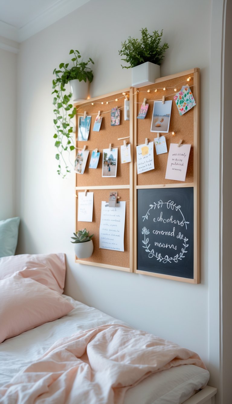 A bedroom corner with a chalkboard and corkboard combination decorated with photos, notes, and drawings.