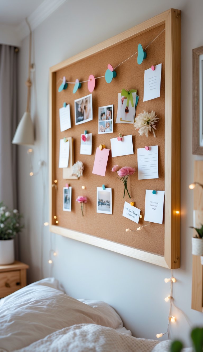 A bedroom wall with a natural wood frame corkboard decorated with photos, notes, and small decorative items.