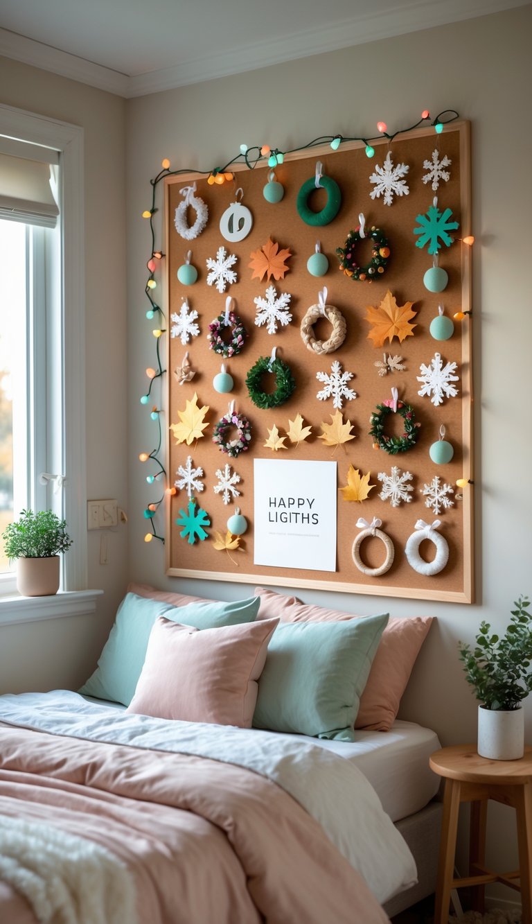 A bedroom corner with a corkboard decorated with various colorful seasonal crafts and ornaments, next to a bed and a nightstand with a plant.