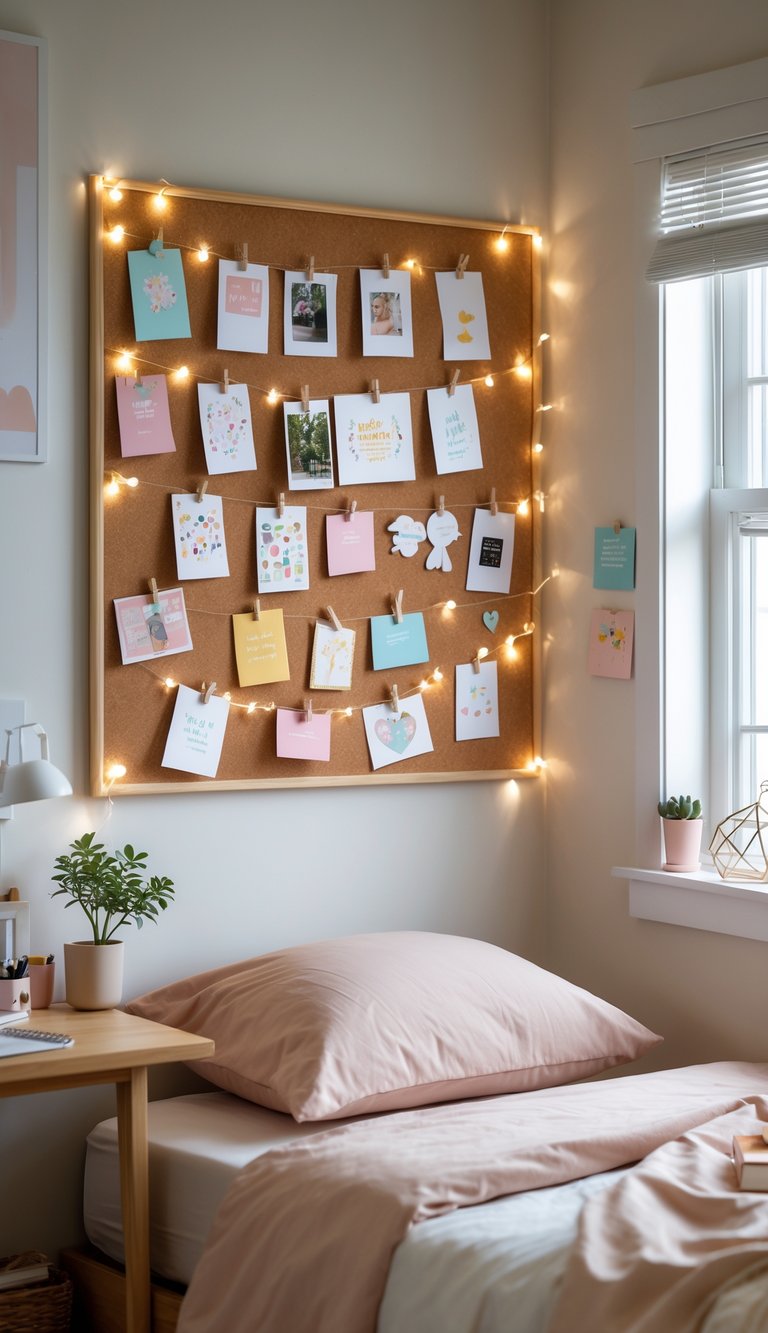 A bedroom corner with a corkboard displaying various pinned photos, notes, and decorations above a bed and desk.