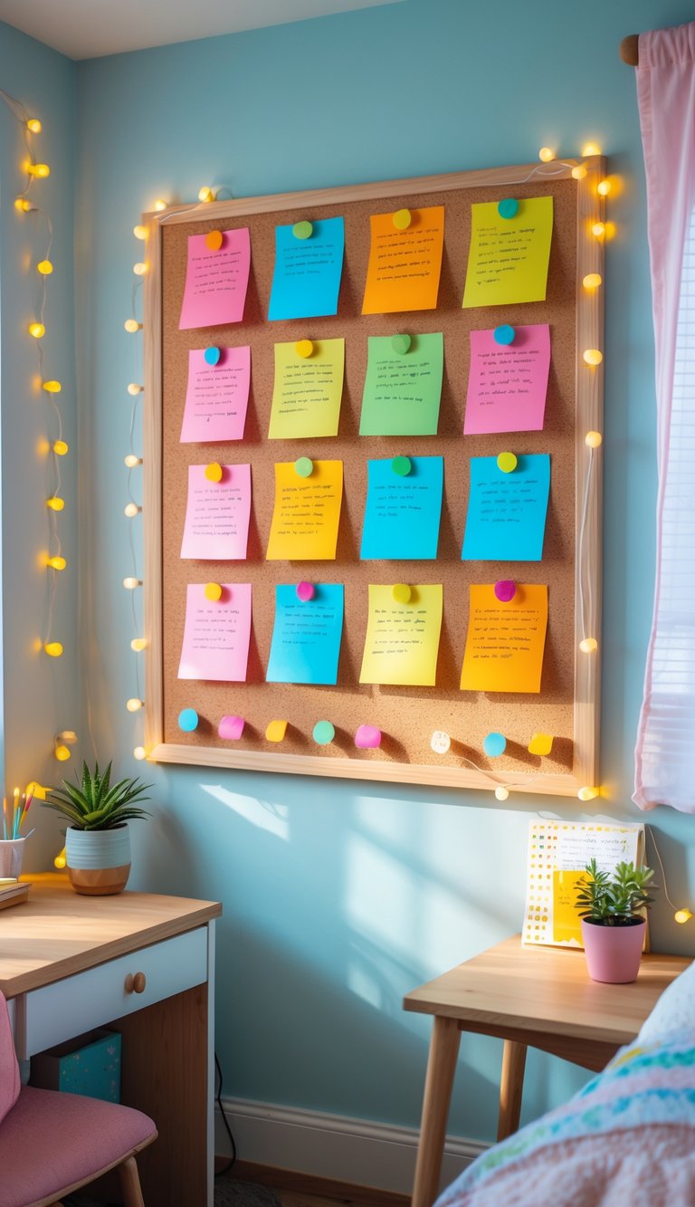A bedroom corner with a large corkboard displaying neatly arranged colorful sticky notes, a wooden desk with a plant, and soft natural light coming through a window.