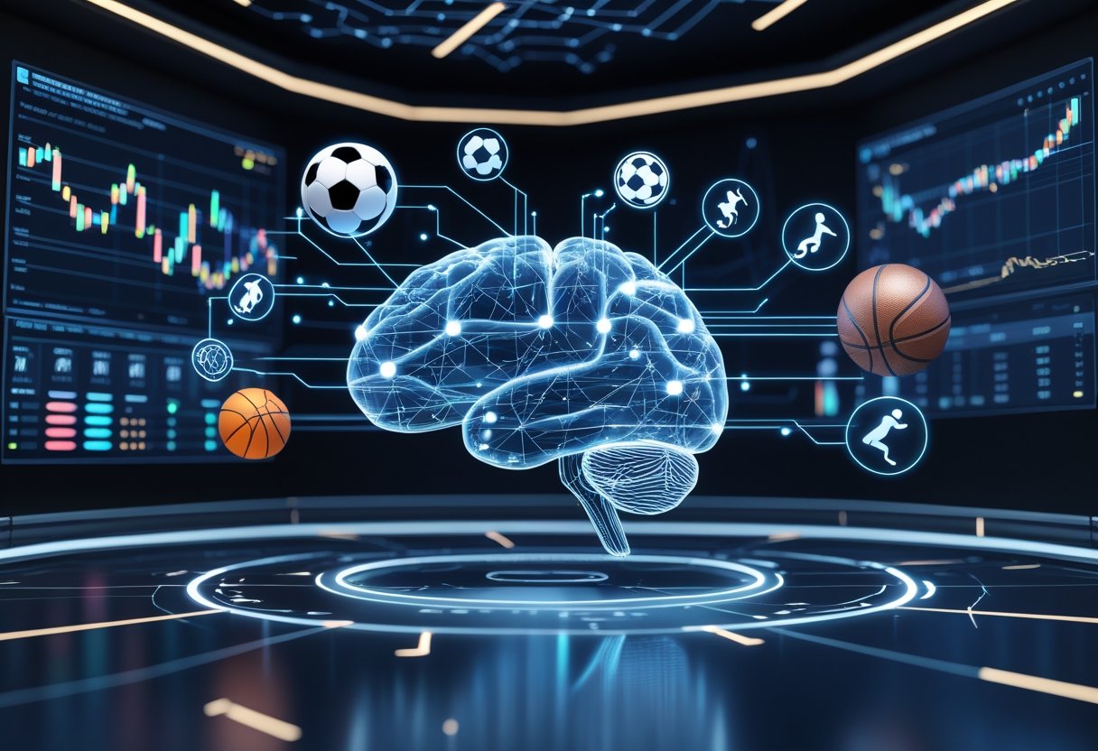 AI가 스포츠 경기 데이터를 분석하는 첨단 디지털 인터페이스와 연결된 스포츠 아이콘들이 있는 장면
