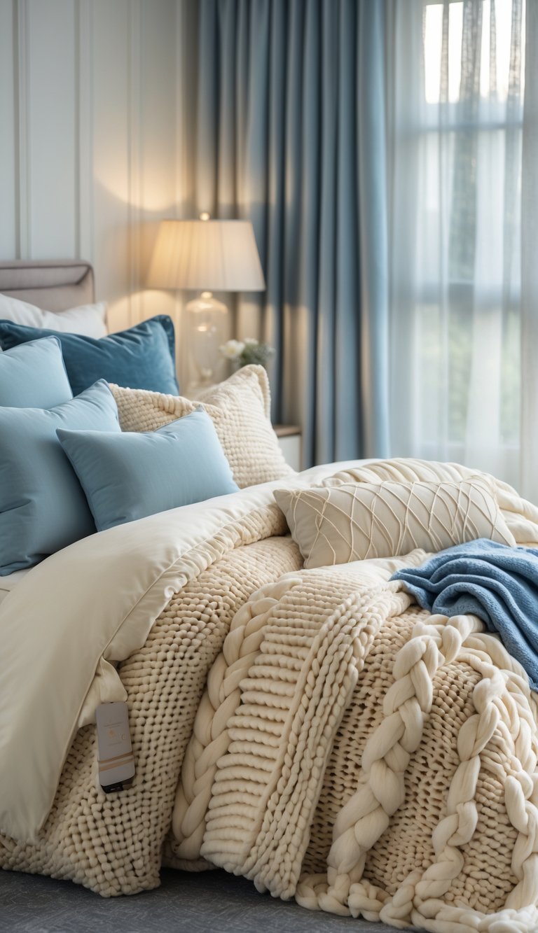 A cozy bedroom with cream textured bedding and blue and cream pillows, softly lit with natural light.