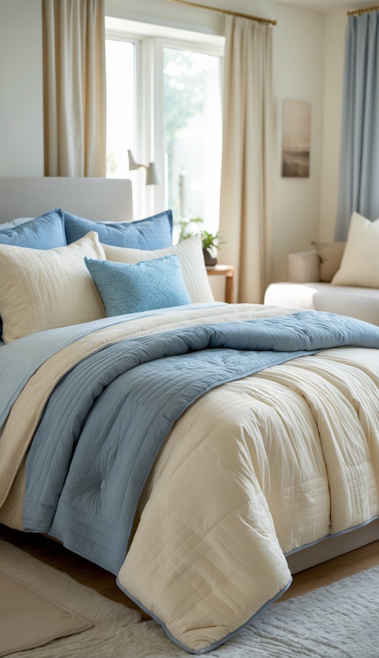 A bedroom with a bed made using a cream duvet and a lightweight blue quilt, surrounded by blue and cream decor.